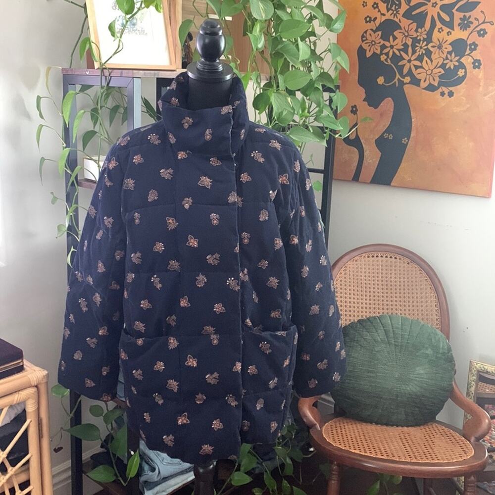 Madewell Navy Blue Corduroy Paisley Floral Quilted Snap Up Puffer Jacket